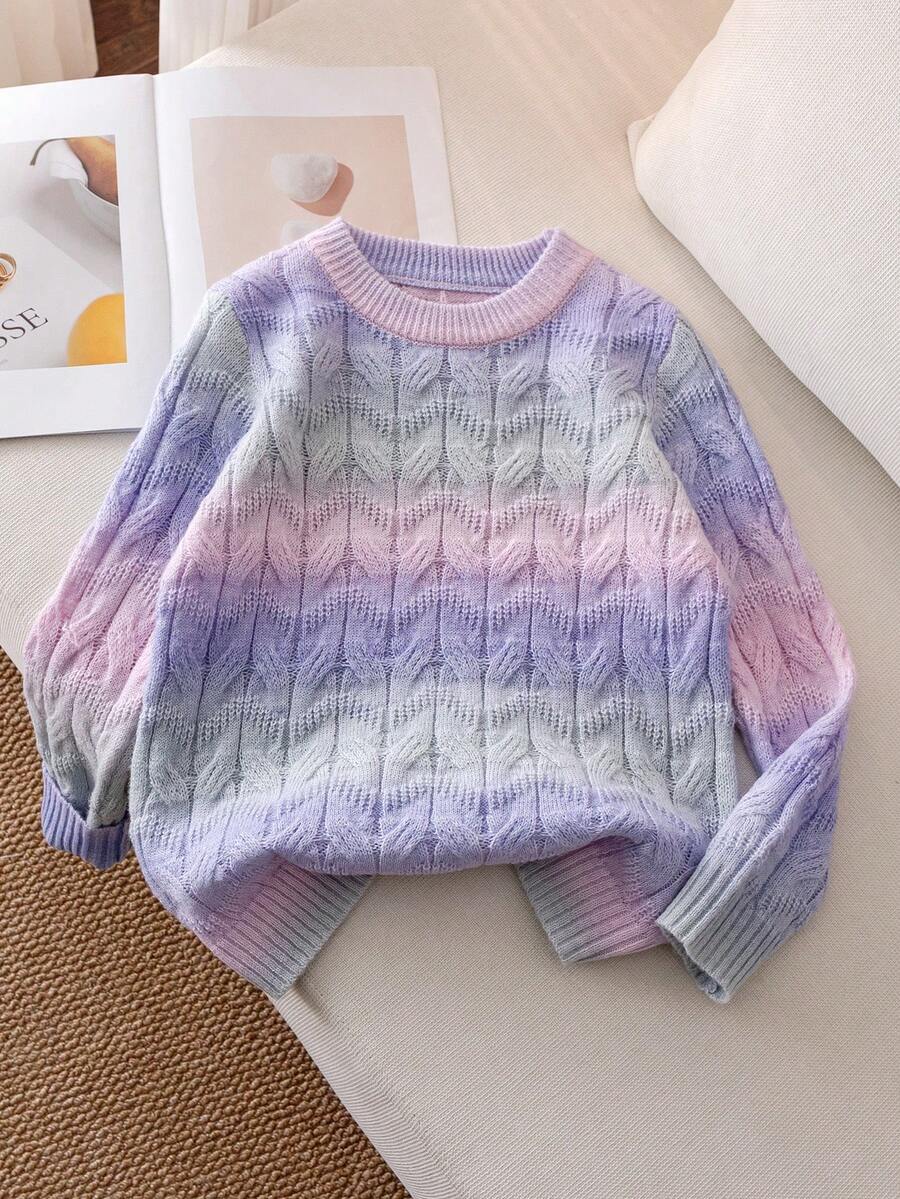 女童及青少年可爱渐变针织套头毛衣，适合度假、日常穿着，春季、秋季、冬季皆宜。 - 紫色 - 查看 1