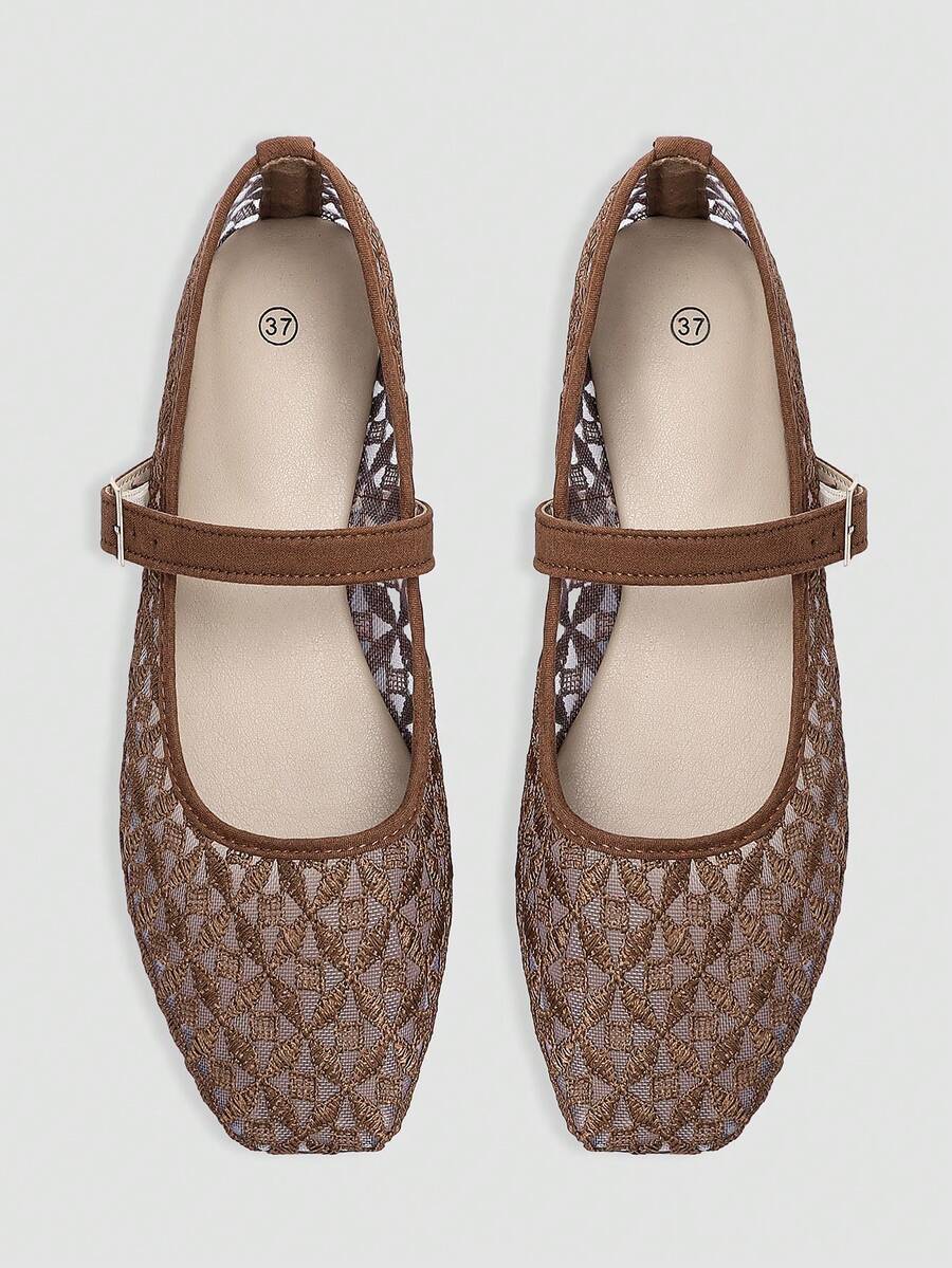 ADAMUMU Women's Fashion Square Toe Casual Party Office Buckle Strap Breathable Woven Hollow Mesh Comfortable Slip-On Flat Loafers, Mocha Brown