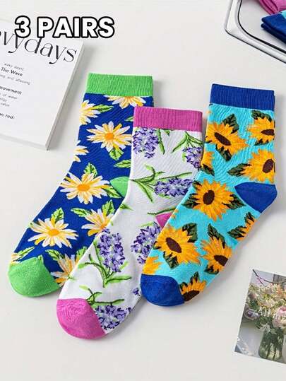 3 paia di calze alla caviglia casual, morbide e confortevoli, con illustrazioni floreali e colori a contrasto, adatte per l'autunno/inverno