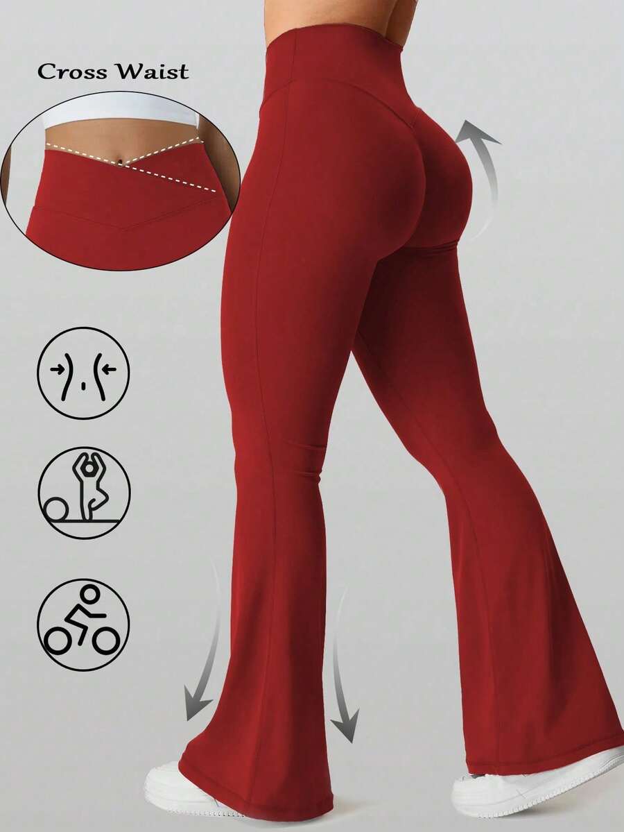Flare Leggings, Crossover Yoga Pants With Tummy Control, High-Waisted And Wide Leg,Women's High Waist Solid Color Flared Pants Sports Yoga Pants Compression Leggings Running Fitness Pants, Women's Clothing, Women's Leggings, Women's  TrousersIt Is Suitable For Outdoor Sports, Indoor Yoga And Street Shopping - 酒紅色 - 查看 1