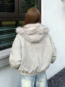 Women's Short Warm Thick Padded Coat With Fur Collar, Winter Outerwear