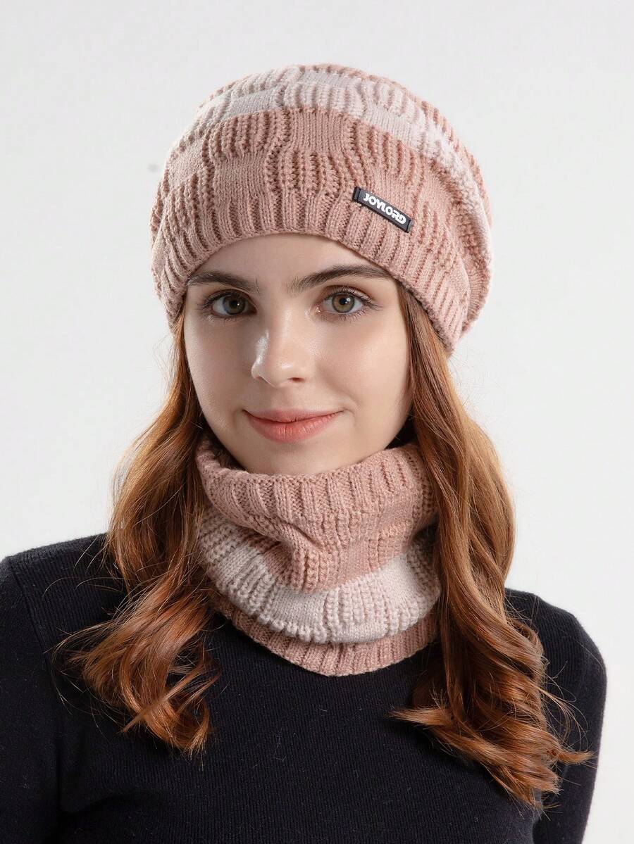 1 Set Women's Cable Knit Beanie & Scarf Set, Thick Warm Knitted Slouchy Hat & Neck Warmer For Winter Daily Use - Multicolor - View 1