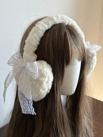 1 st damhörselkåpor, nya söta hjärtformade öronvärmare med spetsrosett, plyschhörselkåpor, vintertillbehör, bekväm vinteroutfit, feminin design, moderiktiga hörselkåpor, lätta och varma, endast handtvätt, moderiktiga hörselkåpor, present till henne, fashionista vita hörselkåpor