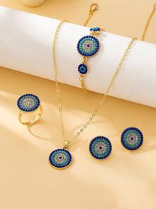 1 Set Bohemian Style Geometric Round Evil Eye Inlaid Faux Turquoise & Glass Gem Women Charm Jewelry Set, Suitable For Daily Wear - Multicolor - View 5