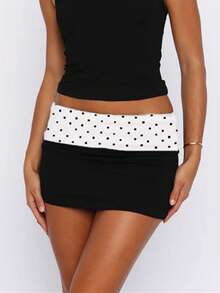 Women Fold Over Low Rise Bodycon Mini Skirt Y2k Polka Dots Print Slim Fitted Going Out Micro Skirts Stretchy Tube Pencil Mini Skirts Party Clubwear - 黑與白 - 查看 4