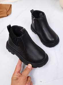 儿童冬季保暖内衬靴，简约英伦风侧拉链男女童厚底踝靴 - 黑色 - 查看 6