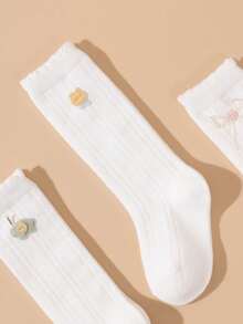 3 Pairs White Calf Socks, Cute Mid-Calf White Socks, Versatile Back To School Socks, Accessory Lace Socks, Princess Socks - White - View 6