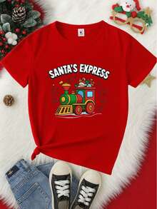 Playera infantil para niñas de 3 a 12 años, hecha de algodon, cuello redondo, manga corta y diseño de "Tren de Juguete Navideño" - Rojo - Ver 2