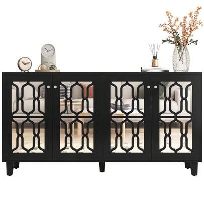 Mirrored Sideboard With Cool Crystal Handles, Four Doors, With Movable Laminate. For Living And Dining Rooms, 160 X 40 X 84 Cm