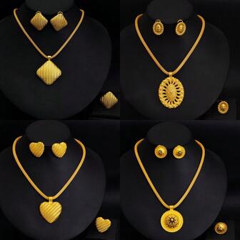 Conjunto de joyas geométricas clásicas, collar colgante, aretes y anillo de color dorado para mujer, regalo tradicional de joyería de novia para boda