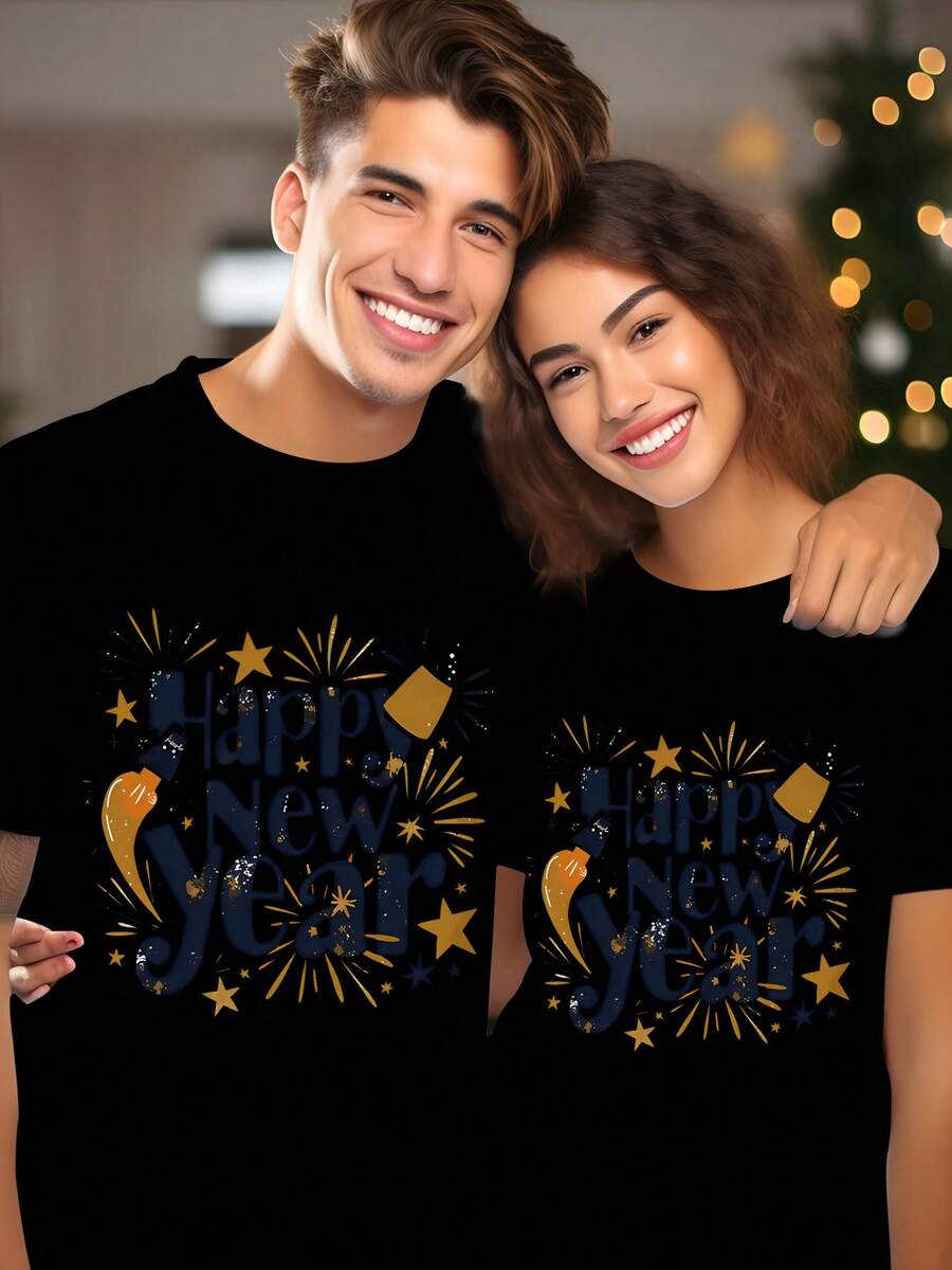 220g Print Round Collar Suitable For Both Men And Women Short-Sleeved T-Shirt, Happy New Year 2025 Print, Suitable For Couples, Families, Parties, Fashion Casual T-Shirt, A Certain Thickness Suitable For Summer Wear T-Shirt, As A Gift - Phụ nữ da trắng - Xem 1