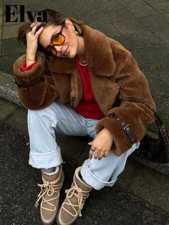 Brown Faux Fur Loose Jacket With Buckle Design, Suitable For Office, Outdoor, Street, Winter, Back To School, Music Festival, Valentine's Day, New Year