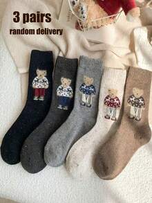 3/5 Pairs Random Vintage Cartoon Polka Dot Cute Bear Mid-Calf Socks, Autumn/Winter - Multicolor - View 10