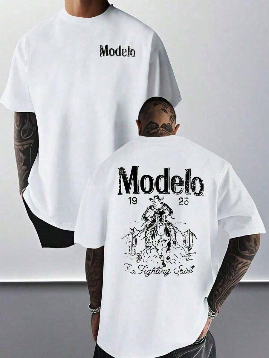 [Sporty T-Shirt]1pc Modelo Graphic Print Men's 100% Cotton T-Shirt,  Casual Sports Style Top T-Shirt,  Fashionable Street Style, Suitable For Travel And Sports WearRelaxed Plus Size T-Shirt - 黑色 - 查看 1