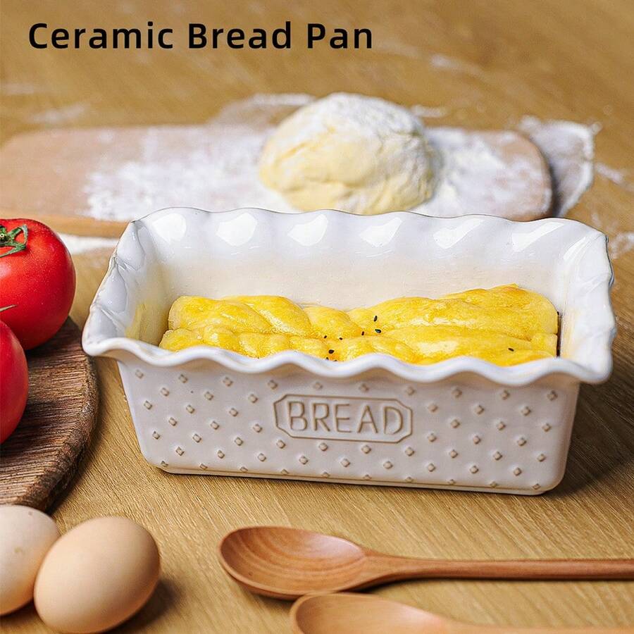 1个复古裂纹釉陶瓷面包烤盘，用于烘焙面包，陶瓷烤盘，深型，适合制作分层面包，烤箱砂锅，9 x 5英寸，不粘面包烤盘，可用于微波炉和洗碗机，长方形模具（复古白灰蓝），升级版全飞机纸箱包装 - 彩色 - 查看 1