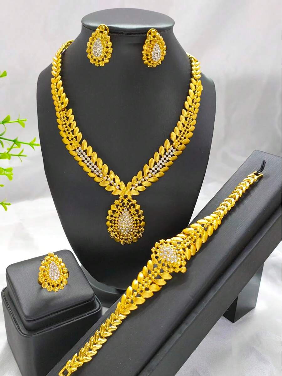 4pcs Women's Gold-Plated Rhinestone Leaf Jewelry Set - Necklace, Bracelet, Ring, Earrings, Suitable For Weddings, Parties, Halloween, Christmas, Birthdays, Holidays, Daily Wear, Great Gift For Mom, Sisters, Girlfriends, Alloy Jewelry