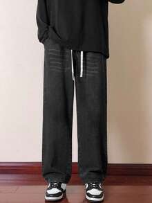 女士休闲直筒高腰宽松阔腿牛仔裤 - 黑色 - 查看 1