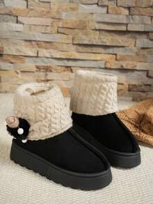Cute, Warm, Thermal-Lined, Thick-Soled Comfortable Ankle Boots, Fashionable, Faux Thermal Lined, Short Shaft, Slimming, Non-Slip, Outdoor, Knit Sock Liners, Snow Boots, Suitable For Winter