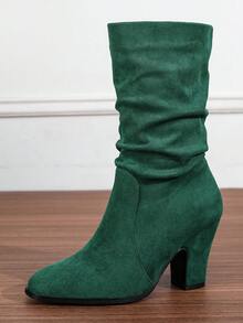 Chunky Heel Slouchy Boots Round Toe Suede Slim Tall Boots For Women, New Autumn/Winter Mid-Calf Riding Boots With Fur - Olive Green - View 8