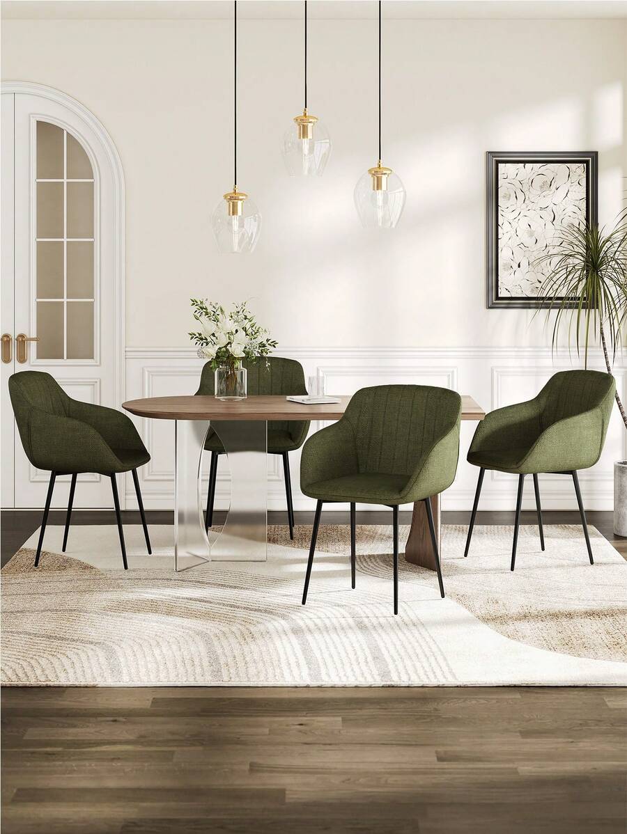 Whisen Contemporary Vertical-Stripe Upholstered Dining Chairs With Armrests & Metal Legs For Dining Room, Kitchen, Living Room - Set Of 2 / Set Of 4 / Set Of 6 - Grass Green