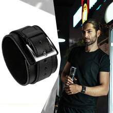MensPunk Rock Black Wide PU Leather Wrist Belt Cuff Bracelet For Husband Son Boyfriend Gifts - 黑色 - 查看 4