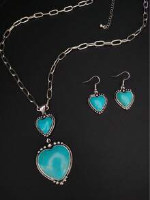 1 Set de collar con colgante en forma de corazón y aretes con incrustaciones de turquesa en estilo occidental, adecuado para uso diario, vacaciones, viajes, garantizado para recibir cumplidos de amigos