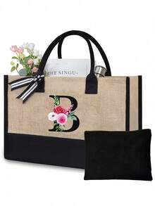 Juego de bolsas de lona con iniciales florales negras de la A a la Z, incluye bolsa de almacenamiento de maquillaje, bolsa de regalo personalizada, adecuada para boda, cumpleaños, playa, vacaciones, escuela, es un gran regalo para mujeres, mamá, maestros, amigos, damas de honor, estudiantes, bolsa grande, artículos de primera necesidad, regalos perfectos para vacaciones, cumpleaños, Acción de Gracias, Pascua, Navidad