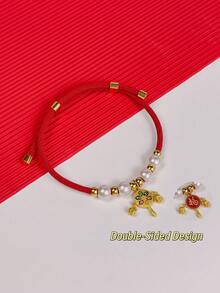 1件红色绳子和金色珠子幸运祝福铃铛宠物项圈项链，猫狗节日项链，宠物吊坠礼物