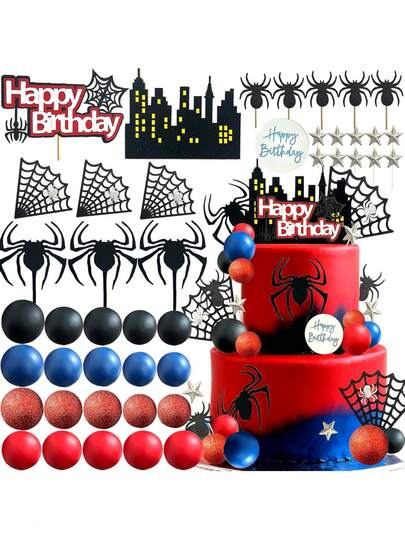 适合 1-9 岁儿童的蜘蛛生日蛋糕装饰，蜘蛛网主题生日快乐蛋糕装饰，生日派对浴室装饰用品