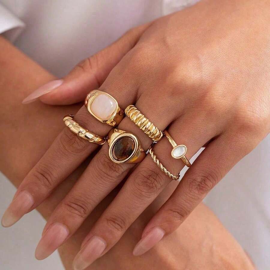 6pcs/Set French Minimalist Design Metal Vintage Ring Set, Suitable For Parties, Gifts, And Daily Wear - Vàng - Xem 1