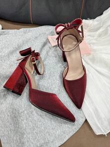 Teens' Pointed Toe Chunky Heel Cute Bow Rhinestone Decor Flats, Fashionable For All Occasions, Elegant Gift For Girls - 紅色 - 查看 13