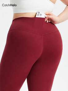 High Waist Yoga Pants Plus Size With Hidden Pockets, Adjustable Burgundy Color Slimming Shaping Workout Casual Wear - Red - View 9