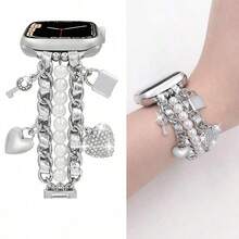 1pc Faux Pearl Beaded Watch Band Compatible With Apple Watch 38/40/41/42/44/45/46/49mm, Suitable For Women - Cuban Link Bracelet, With Cute Pendant Charm, Apple WatchWatch Seamsung Galaxy Watch 7/6/5/4/Active2 Classic 40/44mm, HUAWEI And Other 20mm/22mm Watch Faces (Band Only)