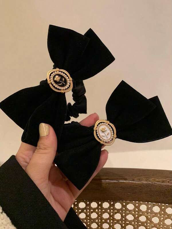 2pcs/1pc Black/White Velvet High-Quality 5.31in Rose Velvet Bow Scrunchie, Simple Elegant Princess Style Suitable For Daily, Commute, Travel, School, Party, Gift, Hair Accessory ,Hair Ties