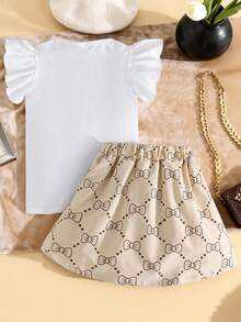 Conjunto de blusa de manga corta con decoración de lazo y falda para niña preadolescente - Caqui - Ver 2