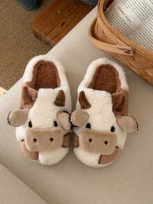 Fashionable Home Animal Cartoon Pattern Plush Winter Slippers, Warm Comfortable Non-Slip Stylish Cozy Cow Slippers, Couples Slippers, Men Slippers - Brown - View 6
