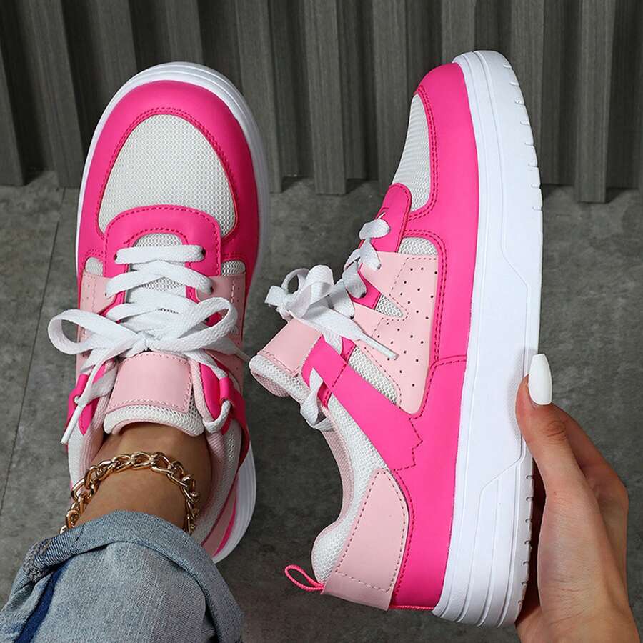 Color Matching Sports Lightweight Comfortable Skateboard Women Shoes Fashion Casual Low-Top Flats Lace-Up Breathable Tennis Sneakers Outdoor Office Work Walking Travel Sport Spring Autumn - 玫紅色 - 查看 1