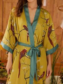 Retro Japanese Style Loose Mid-Length Elegant Fashion Printed Niche Design Kimono Cover Up, Casual Loungewear, Sexy Robe, Sleepwear, Summer Beach Cover-Up, Swimsuit Outer Layer, Lightweight Sunscreen Jacket - Yellow - View 6