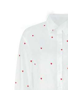 大码女式休闲时尚通勤日常街头装长袖 Polo 领红色心形纽扣设计衬衫 - 紅白色 - 查看 9