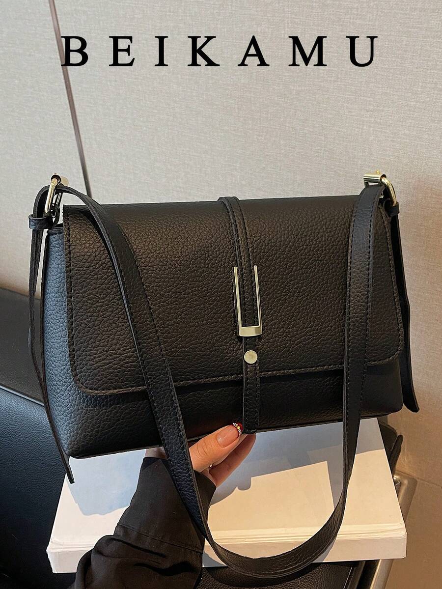 Fashionable Casual Solid Color Square Flap Bag, Suitable For University/College Classroom, Commuting, Work, Office, Festivals, Vacations, Holidays, Parties, Travel And Other Occasions, Suitable For Women, Career Starters, White-Collar Workers, Teenagers, College Students, Young Girls. - Black - View 1