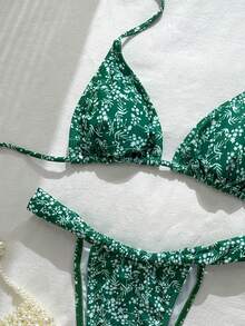 2 pièces Ensemble de bikini style bohème élégant sexy avec motif géométrique et imprimé floral tropical. Maillot de bain pour femmes pour les vacances à la plage, printemps/été - Vert - Voir 5