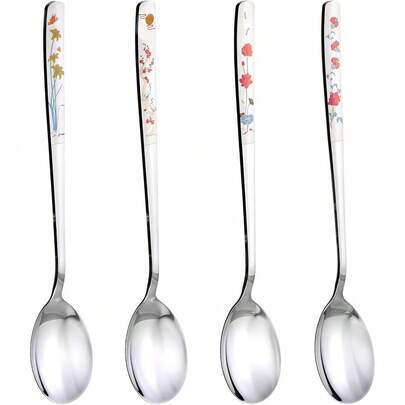 Korean Spoons Soup With Long Handles,4 Pack 304 Stainless Steel Asian Metal Dinner Spoon, 8 Inch Chinese Tablespoon, Large Round Soup Spoons For Coffee, Desserts Dishwasher  (Flower Pattern)