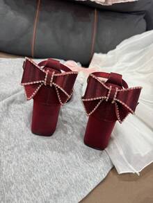 Teens' Pointed Toe Chunky Heel Cute Bow Rhinestone Decor Flats, Fashionable For All Occasions, Elegant Gift For Girls - 紅色 - 查看 4