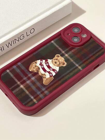 1pc Personalized Bear Pattern Burgundy Perforated Anti-Fall Anti-Fingerprint Full Coverage Soft Phone Case Compatible With IPhone 16 ProMax/16/16 Pro/16 Plus/15/15 ProMax/15 Pro/11/12/13/14 ProMax/11 Pro/11 ProMax/12 Pro/12 ProMax/13 Pro/13 ProMax/14 Pro/14 ProMax/16 ProMax/16/16 Pro/16 Plus, Minimalist Creative Design