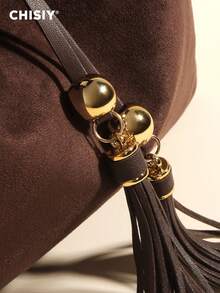 Original Handmade Dark Brown Suede Fringe Fabric Fashion Tote Bag, Elegant Large Capacity Women's Commuter Bag, Casual Student Simple Christmas Gift One Shoulder Bag Suitable For Work, Travel, Shopping, Wedding, Music Festival, Winter