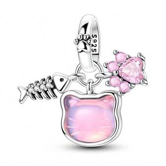 Colgantes de encanto de hueso de pescado con estampado de pata de gato de fantasía, aptos para pulseras y collares, cuentas de plata de ley 925 para joyería fina DIY, regalo