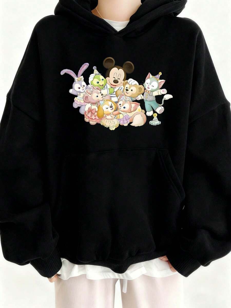 [Disney Authorized] Oversized Women's Hoodie Sweatshirt Mickey Mouse & Friends Cartoon Print Pullover Hooded Top Cozy Autumn Winter Casual Wear Essential For Daily Outings And Relaxation - Black - View 1