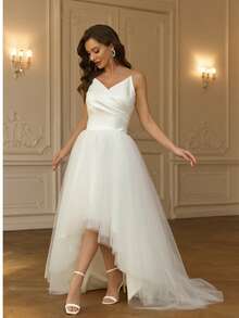 YUMIBRAVO Wedding Dress Bridal Satin Strapless High Low Prom Dress - 白色 - 查看 5