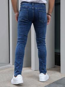 男士休闲修身弹力牛仔裤 - 深色水洗藍 - 查看 2