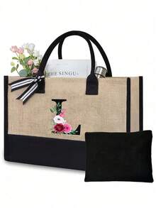 Juego de bolsas de lona con iniciales florales negras de la A a la Z, incluye bolsa de almacenamiento de maquillaje, bolsa de regalo personalizada, adecuada para boda, cumpleaños, playa, vacaciones, escuela, es un gran regalo para mujeres, mamá, maestros, amigos, damas de honor, estudiantes, bolsa grande, artículos de primera necesidad, regalos perfectos para vacaciones, cumpleaños, Acción de Gracias, Pascua, Navidad